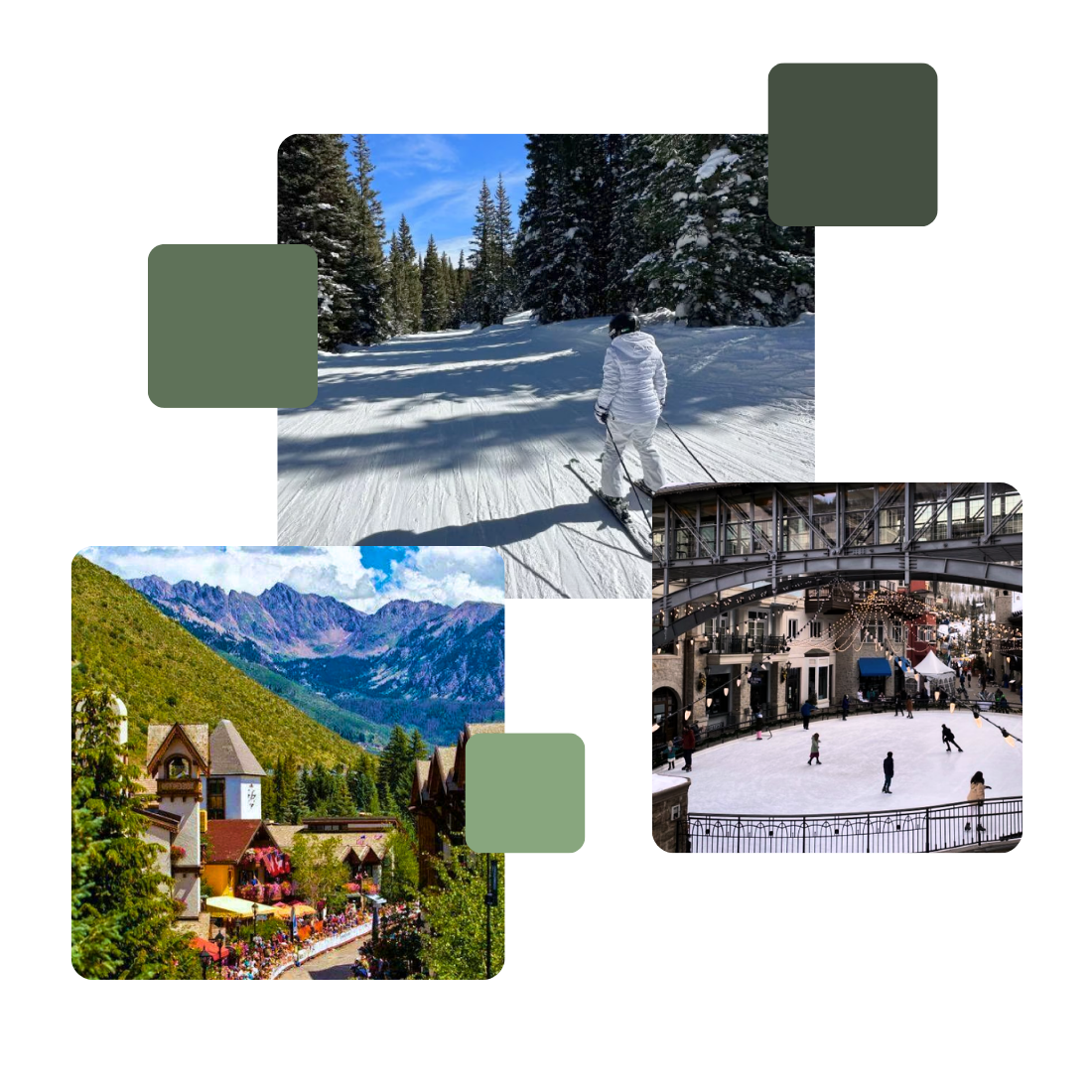 People enjoying outdoor activities in Vail, Colorado, including biking, skiing, and ice skating.