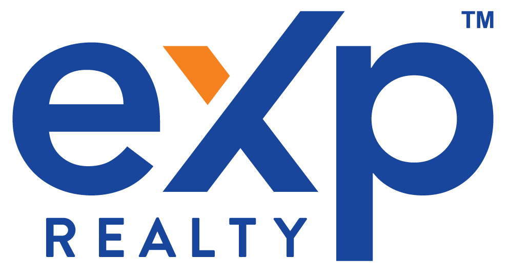 A blue and orange logo for exp realty