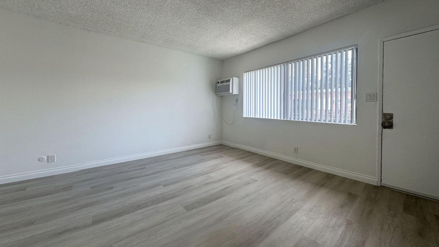 Empty room with gray wood-look flooring, white walls, window with blinds, and a closed door.