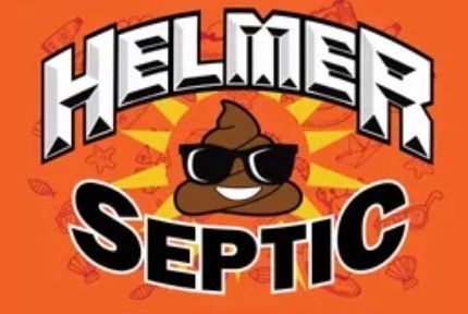 the logo for helmer septic has a picture of a poop wearing sunglasses