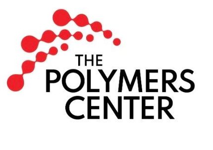 a logo for the polymers center with red dots on a white background