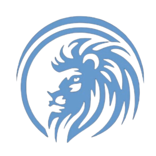 a blue lion head in a circle on a white background