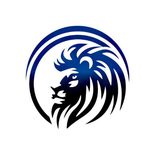 a lion 's head is in a blue circle on a white background 