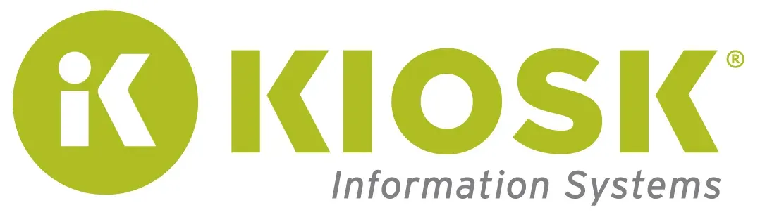 A green and white logo for kiosk information systems