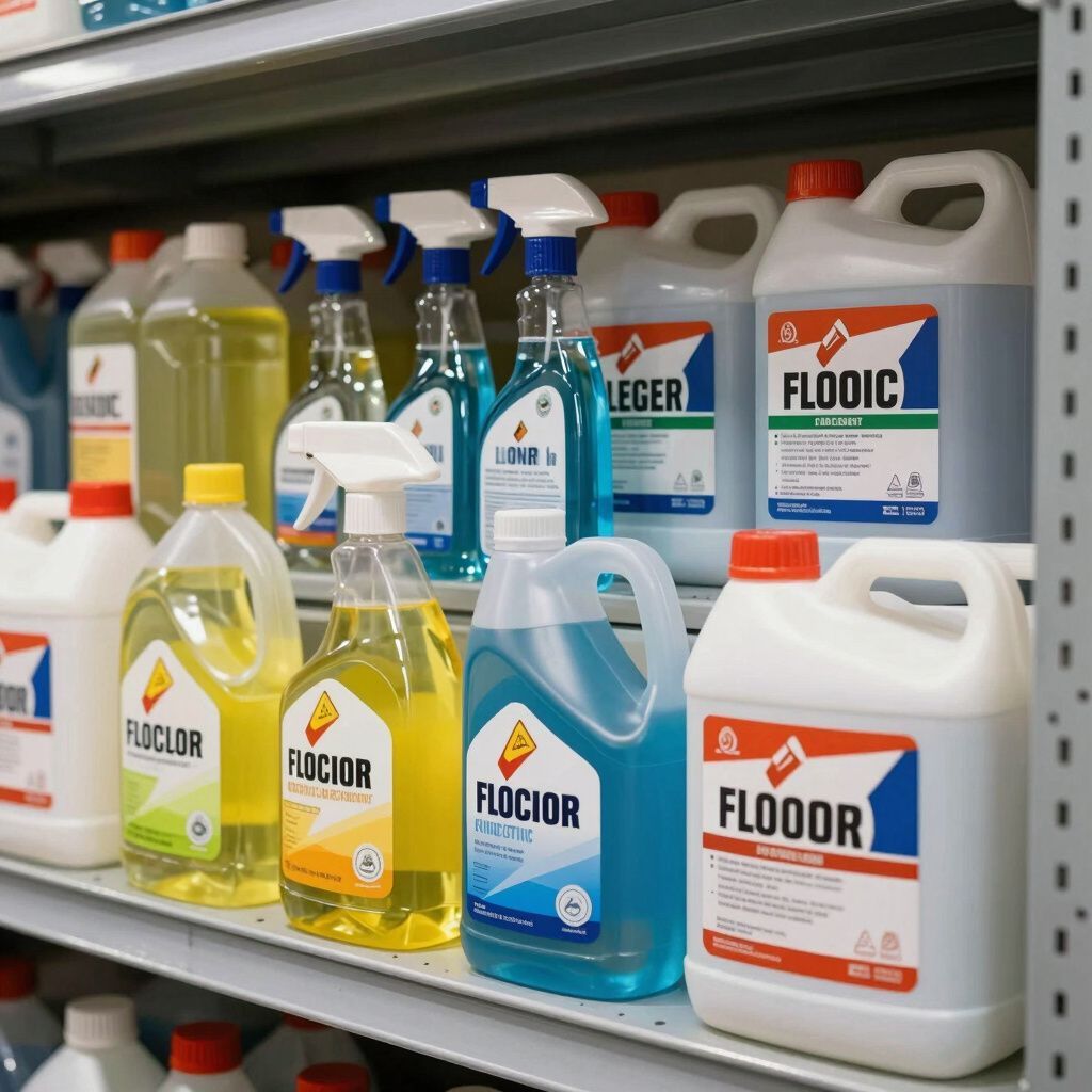 Prodotti per la pulizia su uno scaffale, di vari colori e dimensioni. Le etichette includono