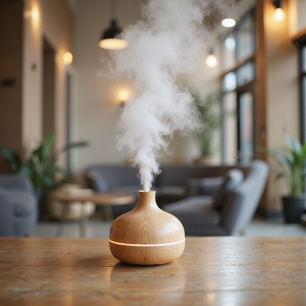 Diffusore di oli essenziali in legno che emette vapore su un tavolo in un soggiorno.