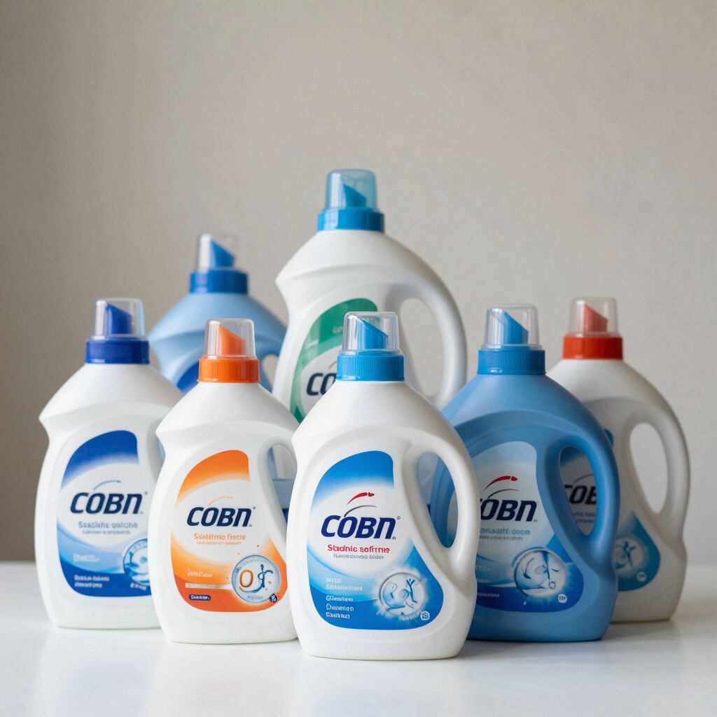 Flaconi di detersivo per bucato di vari colori e dimensioni.