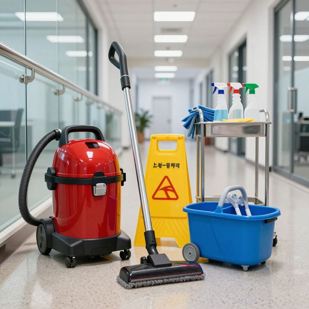 Prodotti per la pulizia in un corridoio: aspirapolvere rosso, cartello per pavimento bagnato, secchio e carrello.