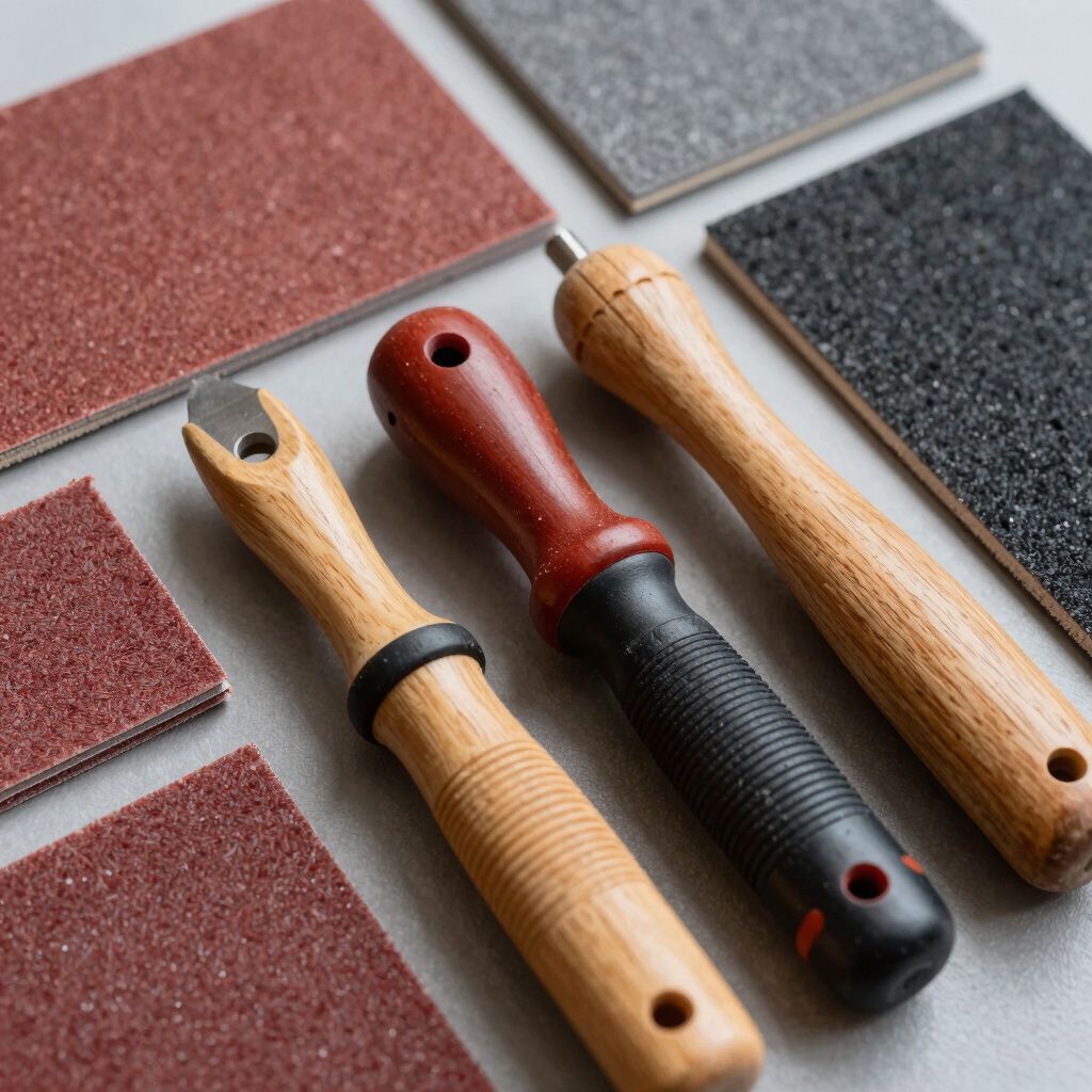 Tre manici con lame e quadrati di carta vetrata di vari colori.