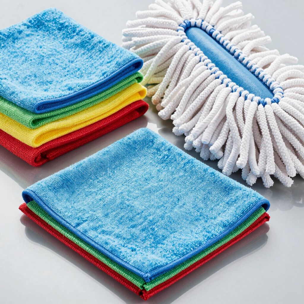 Pile di panni colorati in microfibra e una testa per mocio.