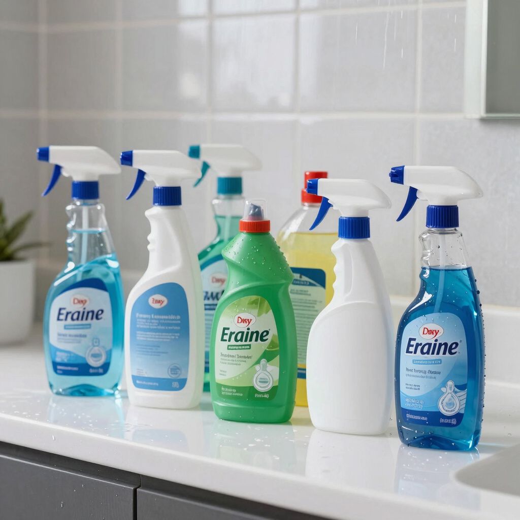 Flaconi di prodotti per la pulizia sul ripiano del bagno. Vari colori e marche, flaconi spray.