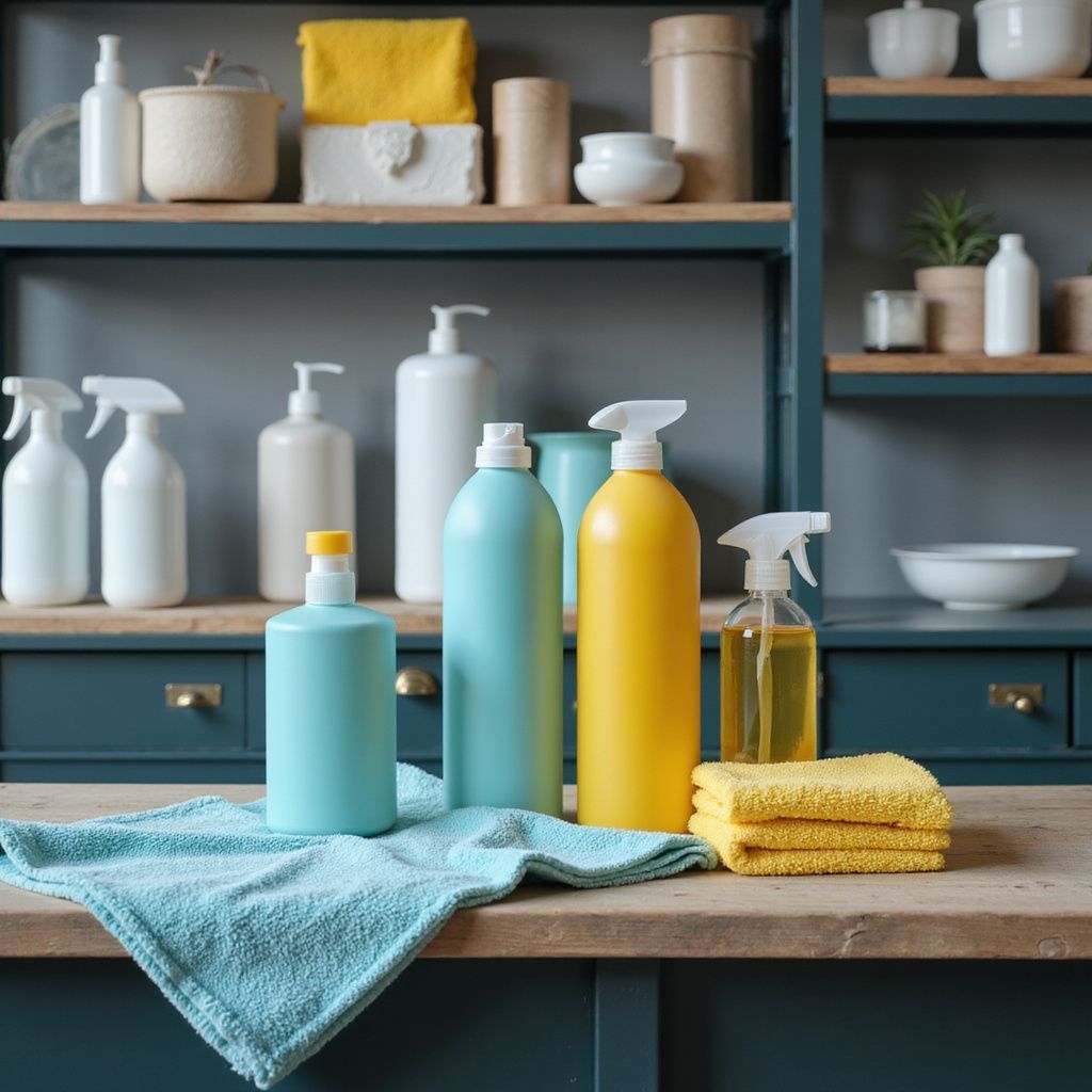Prodotti per la pulizia in flaconi assortiti su un bancone di legno con un panno blu e degli scaffali sullo sfondo.