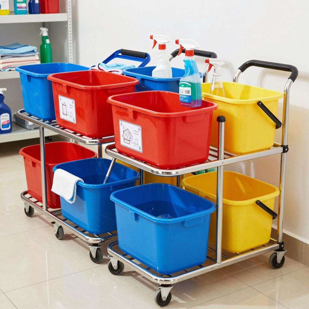 Prodotti per la pulizia su un carrello in acciaio inossidabile a due livelli.