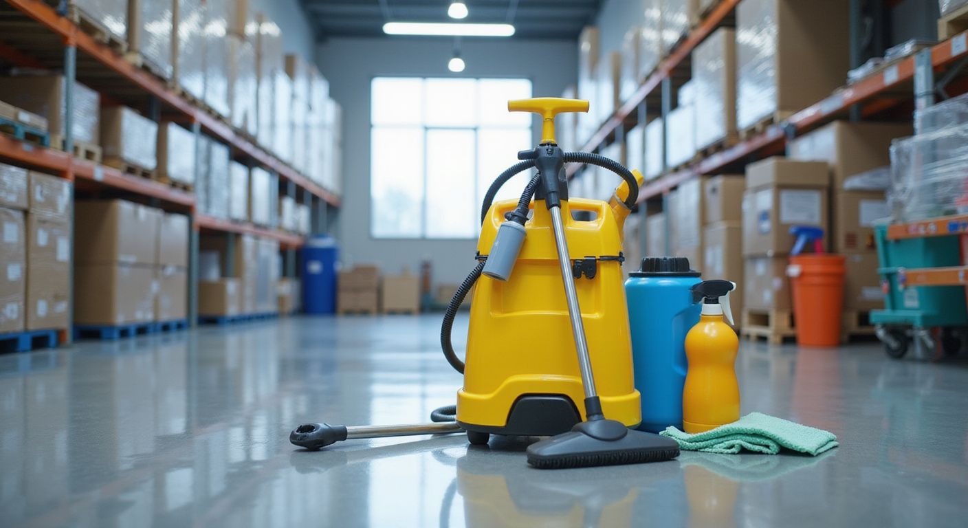 Prodotti per la pulizia, tra cui un aspirapolvere giallo e delle bottiglie, sul pavimento di un magazzino.