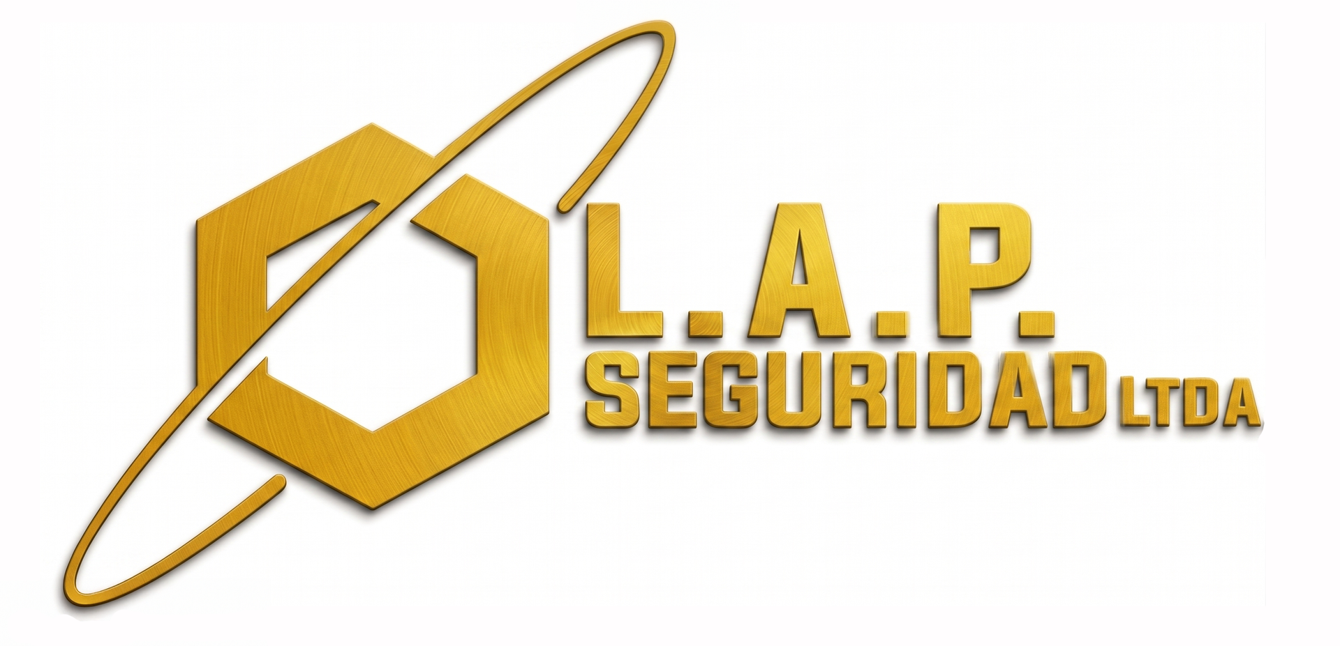 Logotipo geométrico azul con una línea orbital diagonal y forma hexagonal.