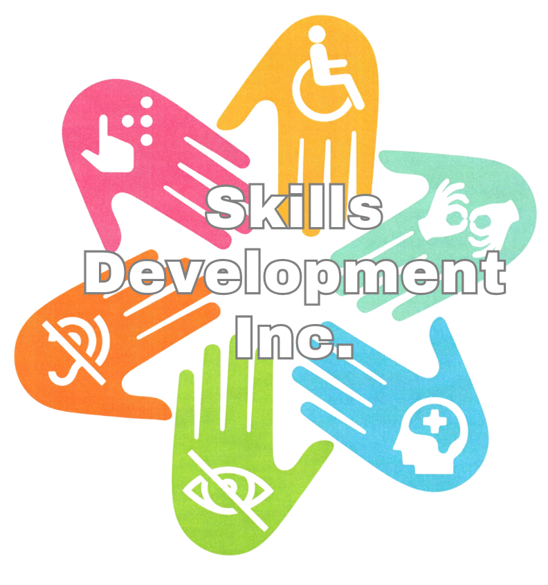 Logo for Skills Development Inc.: Colorful hands with accessibility symbols (wheelchair, sign language, blind, etc.) form a flower around the text.