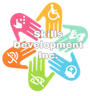Logo for Skills Development Inc.: Colorful hands with accessibility symbols (wheelchair, sign language, blind, etc.) form a flower around the text.