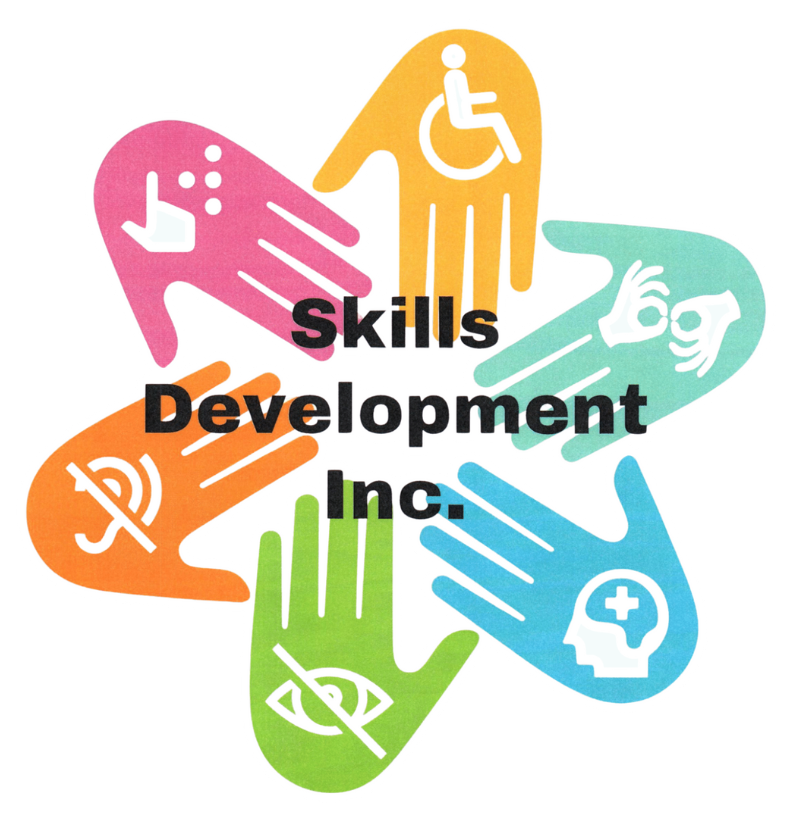 Logo for Skills Development Inc., featuring a flower shape made of colorful hand icons, each depicting a different disability symbol.