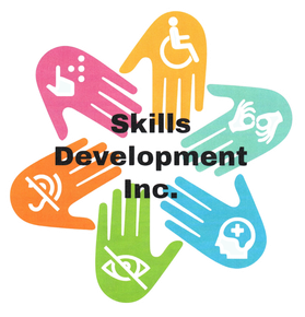 Logo for Skills Development Inc., featuring a flower shape made of colorful hand icons, each depicting a different disability symbol.