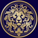 A lion 's head is in the center of a gold circle on a blue background.