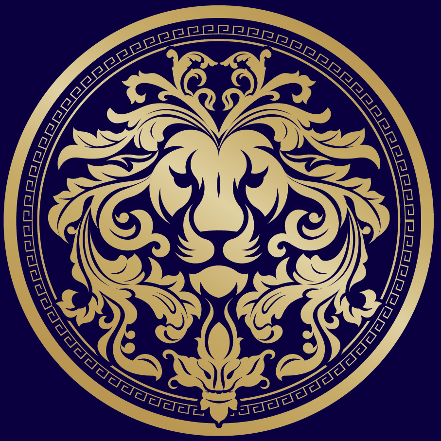 A lion 's head is in the center of a gold circle on a blue background.