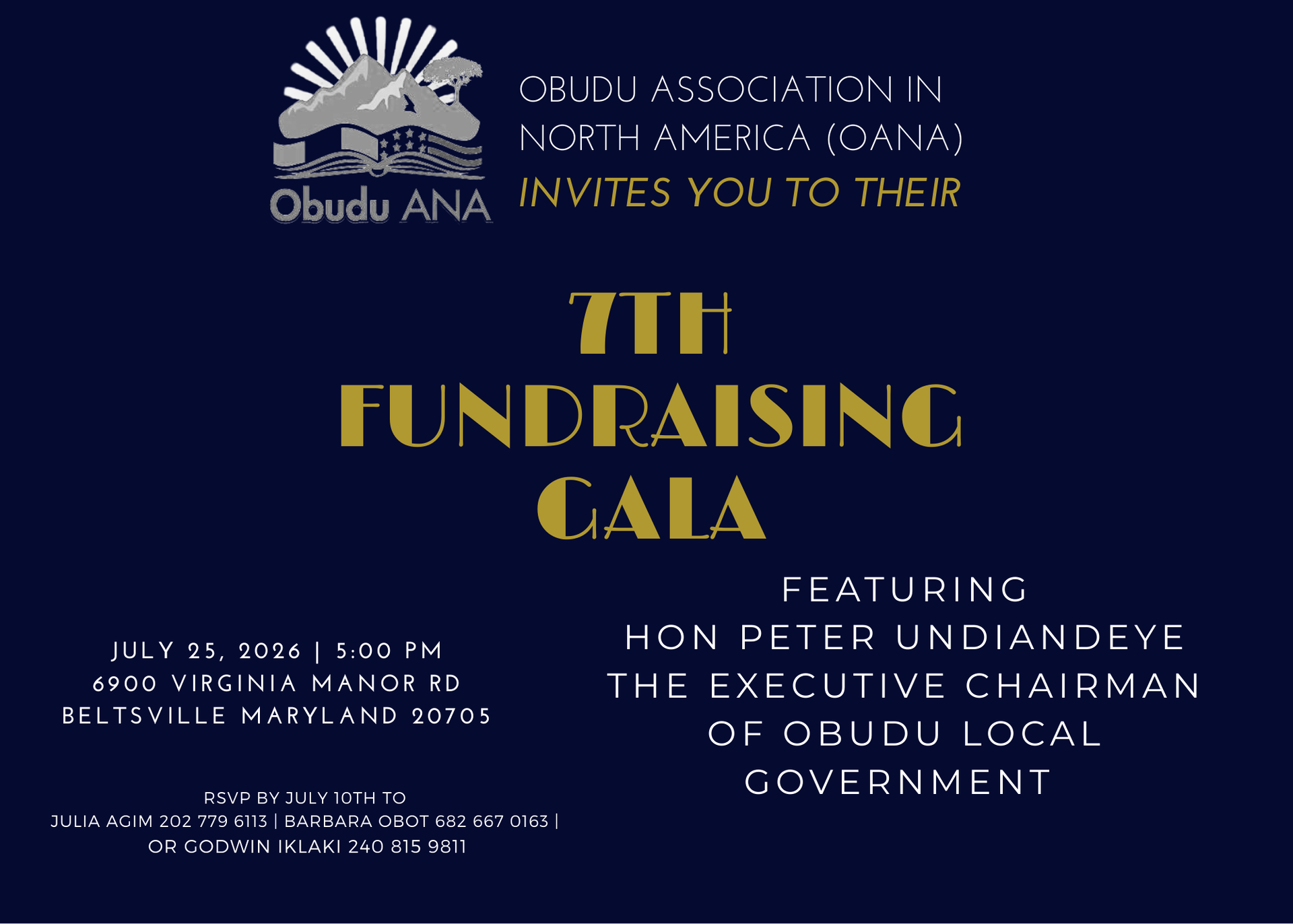 Invitation for Obudu ANA's 7th fundraising gala in Beltsville, Maryland, featuring Hon. Peter Undiandeye.
