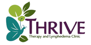 Logo for Thrive Therapy and Lymphedema Clinic. Butterfly, leaves, and text, green, teal, purple and white.