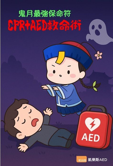 可愛Q版殭屍與被嚇到倒地得男子，旁邊有紅色AED急救設備