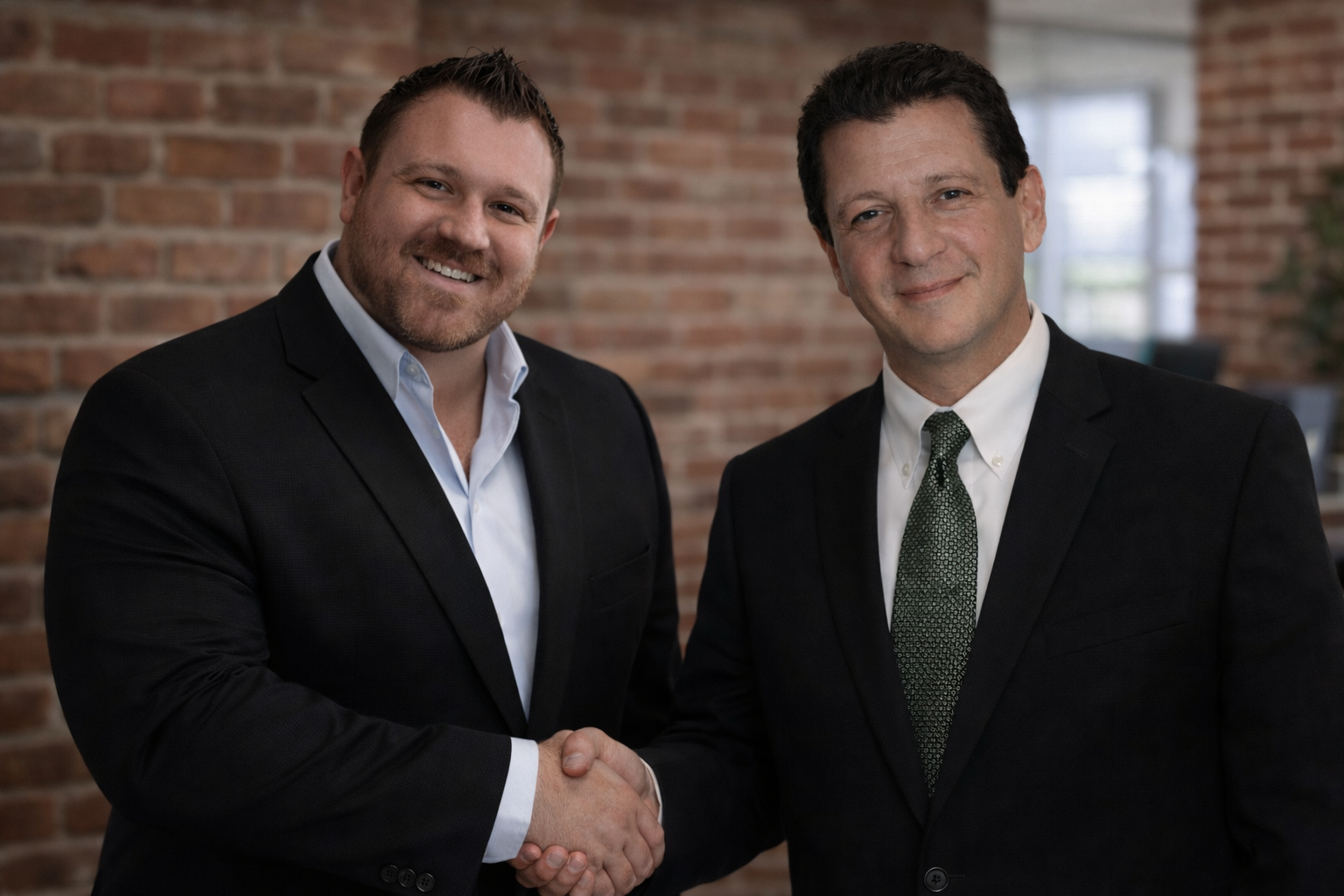 Two men in suits shaking hands in front of a brick wall, smiling.