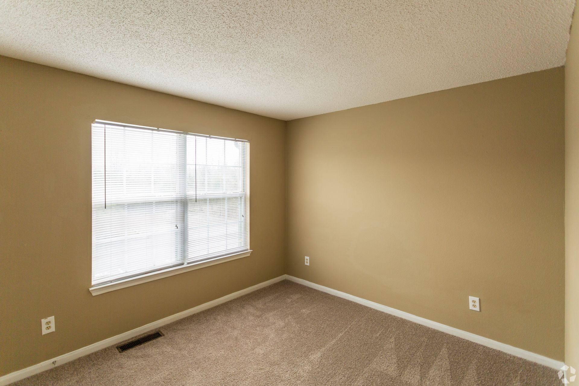An empty room with tan walls, carpet flooring, and a single window with blinds.