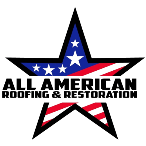 Logo of All American Roofing & Restoration: Star with USA flag design, black border and lettering.
