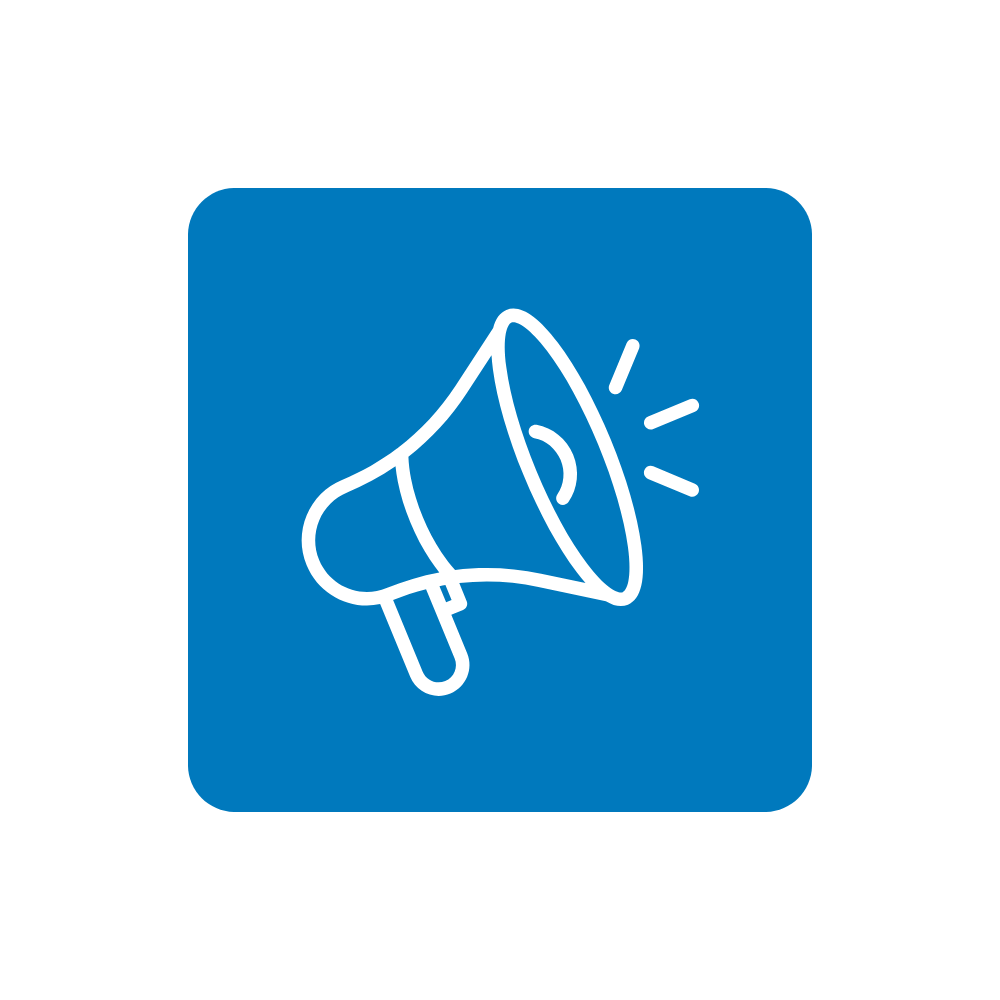 White megaphone icon on a blue background, indicating an announcement or promotion.