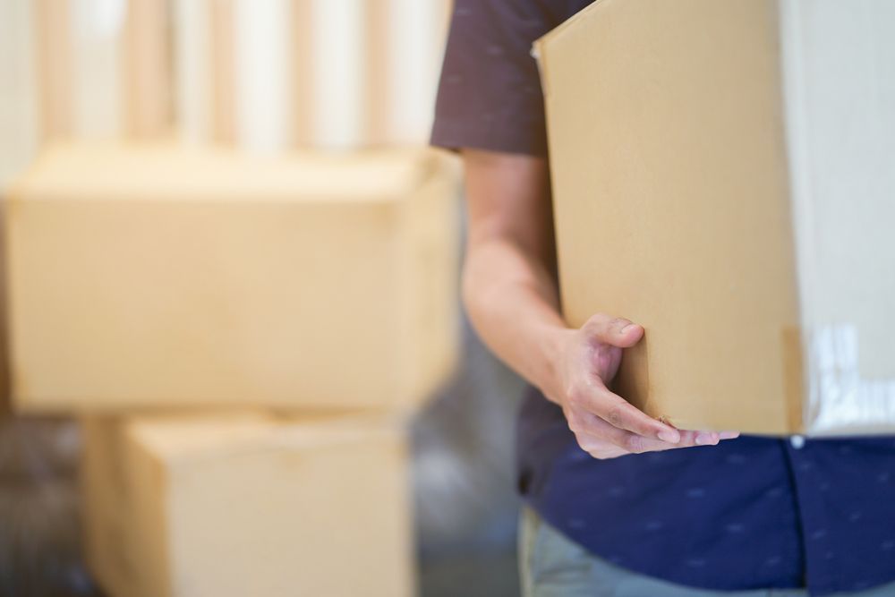 A Delivery Person Holding Boxes Near a White Van — Brett Cooper Removals Hervey Bay in Hervey Bay, QLD