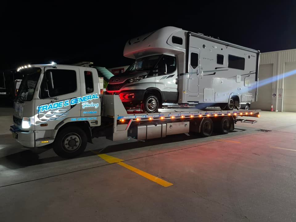 Caravan Towing at Night — Trade & General Towing in Sandgate, NSW