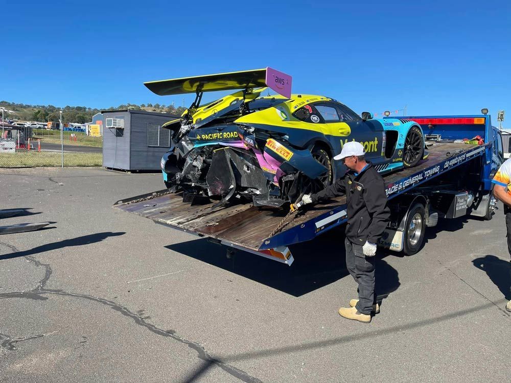 Towing the Wreck Racing Car — Trade & General Towing in Nelson Bay, NSW
