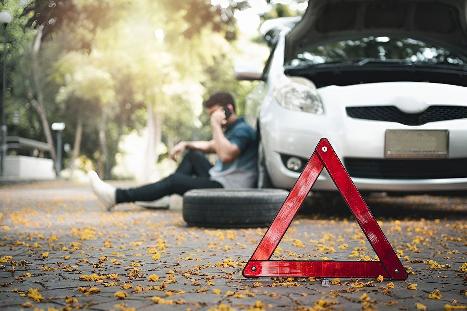 Man On The Phone Beside A Car With A Damaged Tyre