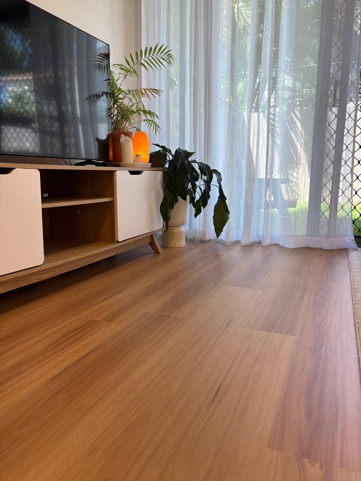 Living room with TV stand, potted plant, and sunlight through sheer curtains on a wooden floor