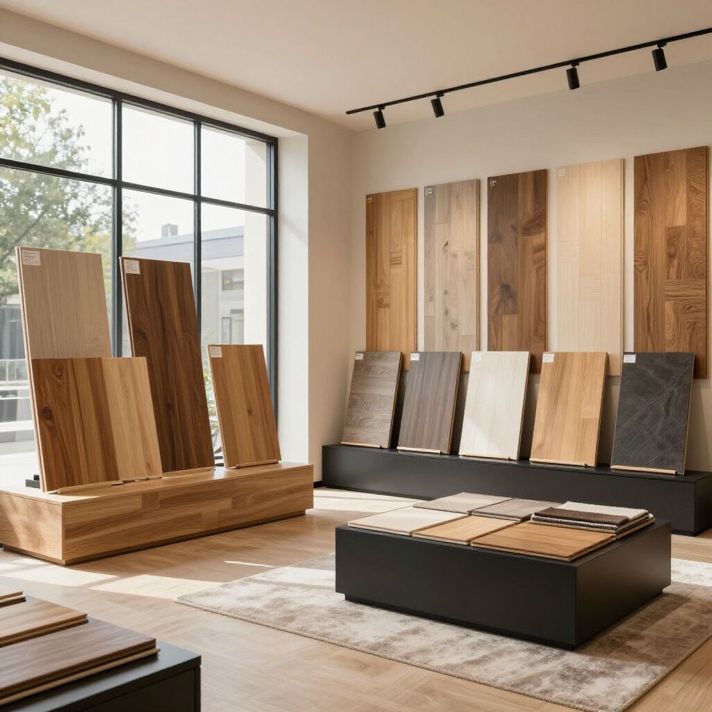 Modern furniture showroom with wooden tables, chairs, and wall panels in a bright room