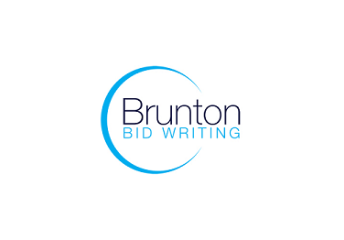 A blue and white logo for brunton bid writing