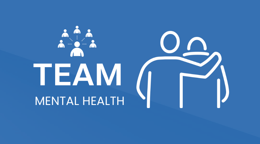 A logo for team mental health with two people hugging each other on a blue background.