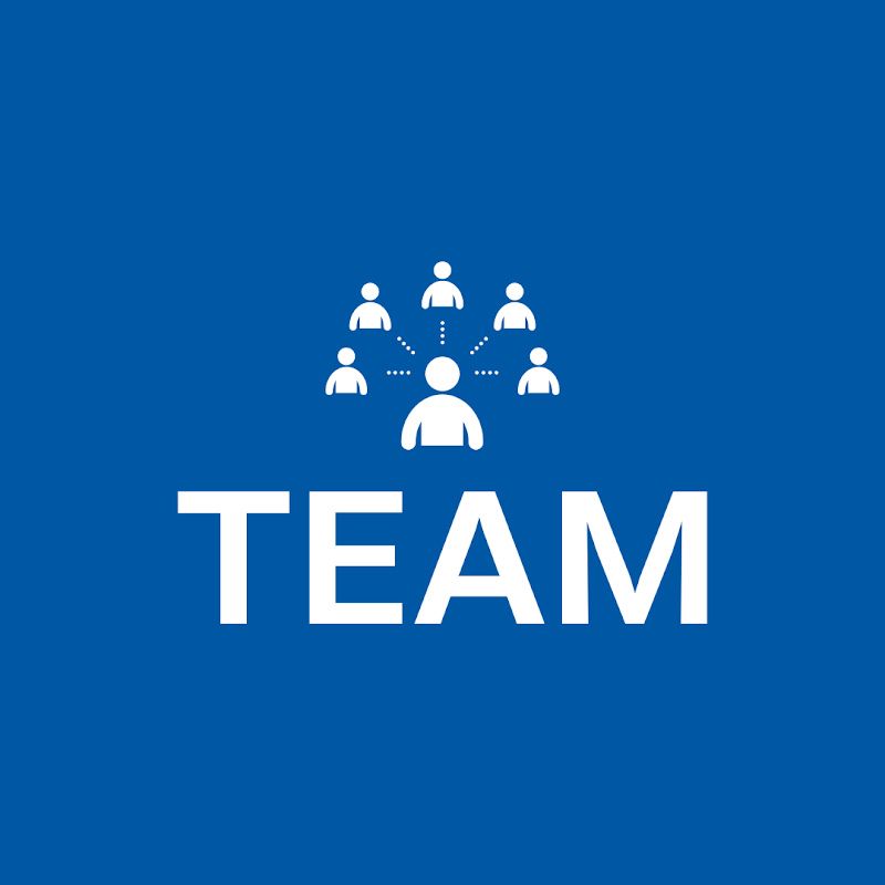 The word team is on a blue background with a group of people connected to each other.