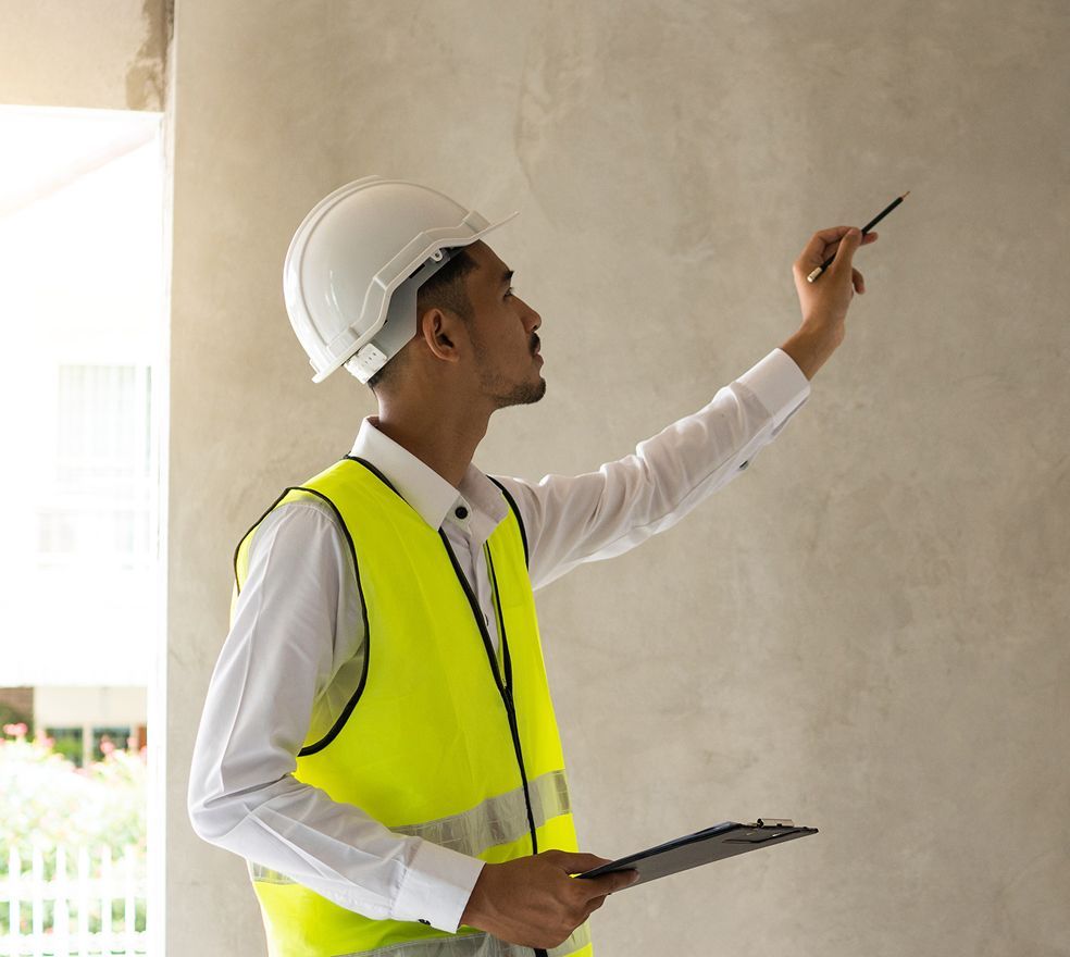 A man wearing a hard hat and safety vest is holding a clipboard and pointing at something.