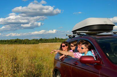 Car trip on family vacation, happy parents and kids travel and have fun