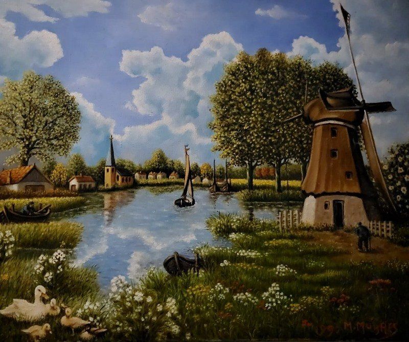 Markus Muyres+Nederlands+Olieverf+Schilderij+Canvas+60x50cm+Landschap+Water+Molen+Bootjes+Eendjes