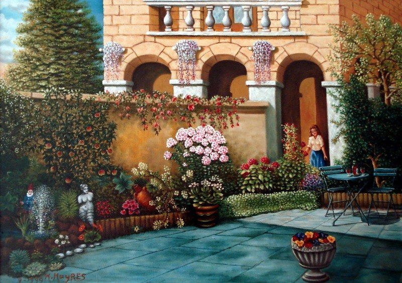 Markus Muyres+Nederlands+Olieverf+Schilderij+Canvas+50x70cm+Tuin+Planten+Klassiek gebouw+Vrouw+Tafeltje+Wijnfles en glazen