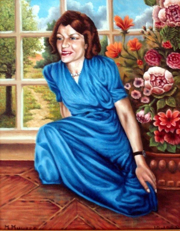 Markus Muyres+Nederlands+Olieverf+Schilderij+Canvas+50x40cm+Portret+Vrouw+Blauwe jurk+Bloemen