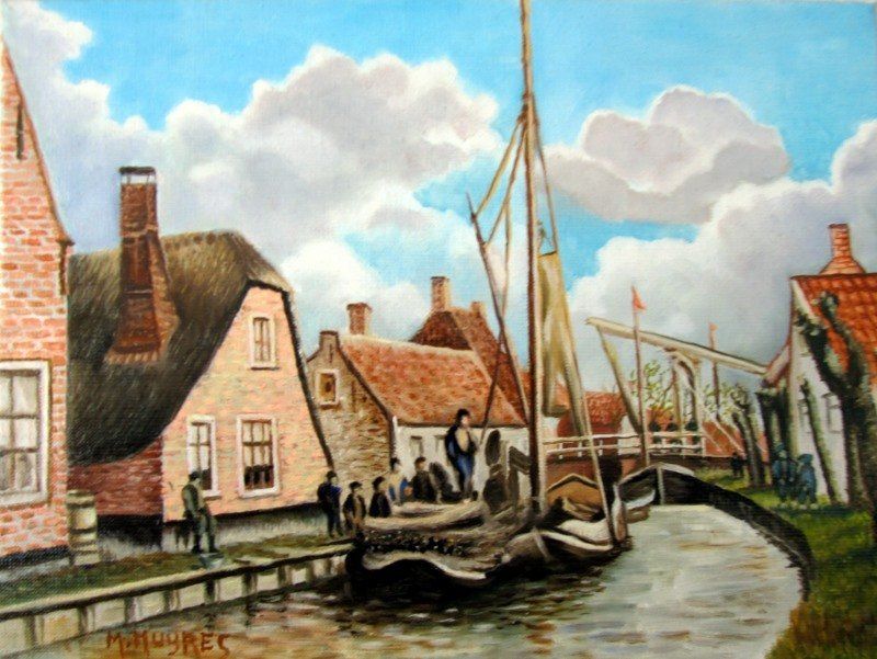 Markus Muyres+Nederlands+Olieverf+Schilderij+Dorpsgezicht+Zevenhuizen ZH+Boot+Brug