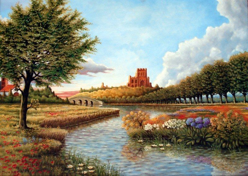 Markus Muyres+Nederlands+Olieverf+Schilderij+Landschap+Rivier+Brug+Kasteel+Bomen+Bloemen
