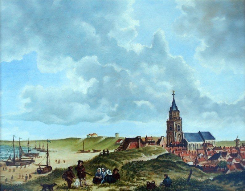 Markus Muyres+Nederlands+Olieverf+Schilderij+Landschap+Duinen+Strand+Boten+Kerk+Scheveningen