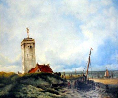 Markus Muyres+Nederlands+Olieverf+Schilderij+Landschap+Duinen+Vuurtoren+Boten+Zee